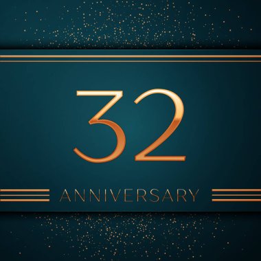 Gerçekçi otuz iki yıl yıldönümü kutlamaları tasarım afiş. Altın sayı ve yeşil zemin üzerine konfeti. Doğum günü partin için renkli vektör şablon öğeleri