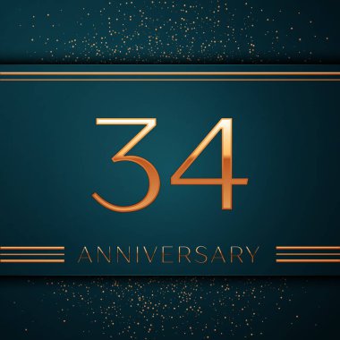 Gerçekçi otuz dört yıl yıldönümü kutlamaları tasarım afiş. Altın sayı ve yeşil zemin üzerine konfeti. Doğum günü partin için renkli vektör şablon öğeleri