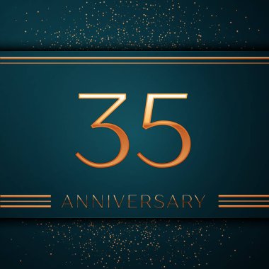 Gerçekçi otuz beş yıl yıldönümü kutlamaları tasarım afiş. Altın sayı ve yeşil zemin üzerine konfeti. Doğum günü partin için renkli vektör şablon öğeleri