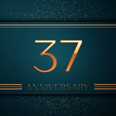 Gerçekçi otuz yedi yıl yıldönümü kutlamaları tasarım afiş. Altın sayı ve yeşil zemin üzerine konfeti. Doğum günü partin için renkli vektör şablon öğeleri