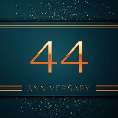 Gerçekçi kırk dört yıl yıldönümü kutlamaları tasarım afiş. Altın sayı ve yeşil zemin üzerine konfeti. Doğum günü partin için renkli vektör şablon öğeleri