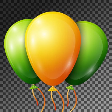 Gerçekçi sarı ve yeşil balonlar şeffaf arka plan üzerinde izole şeritler. Parlak renkli parlak balonlar Doğum günü partisi için vektör çizim