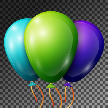 Gerçekçi yeşil, Turkuaz, mavi-mor balon üzerinde şeffaf arka plan izole şeritler. Parlak renkli parlak balonlar Doğum günü partisi için vektör çizim