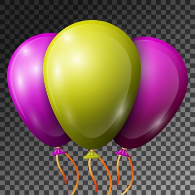Gerçekçi sarı-yeşil, mor veya menekşe balonlar şeffaf arka plan üzerinde izole şeritler. Parlak renkli parlak balonlar Doğum günü partisi için vektör çizim