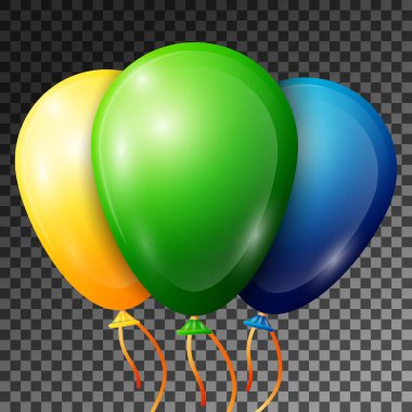 Gerçekçi yeşil, sarı, mavi balonlar şeffaf arka plan üzerinde izole şeritler. Parlak renkli parlak balonlar Doğum günü partisi için vektör çizim