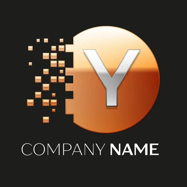 Symbole réaliste du logo de la lettre Y argentée en forme de cercle de pixels coloré doré avec des blocs brisés sur fond noir. Modèle vectoriel pour votre conception — Image vectorielle