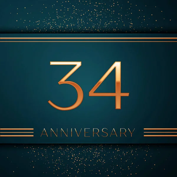 Realistic Thirty four Years Anniversary Celebration design banner. Golden number and confetti on green background. Colorful Vector template elements for your birthday party — ストックベクタ