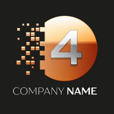 Gerçekçi gümüş dört numara logo sembol siyah arka plan üzerine parçalanmış bloklarla altın renkli piksel daire şeklinde. Tasarımınız için vektör şablonu