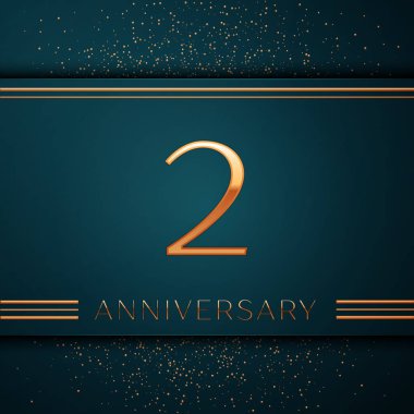 Gerçekçi iki yıl yıldönümü kutlamaları tasarım afiş. Altın sayı ve yeşil zemin üzerine konfeti. Doğum günü partin için renkli vektör şablon öğeleri