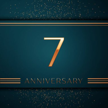 Gerçekçi yedi yıl yıldönümü kutlamaları tasarım afiş. Altın sayı ve yeşil zemin üzerine konfeti. Doğum günü partin için renkli vektör şablon öğeleri