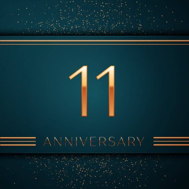 Gerçekçi onbir yıl yıldönümü kutlamaları tasarım afiş. Altın sayı ve yeşil zemin üzerine konfeti. Doğum günü partin için renkli vektör şablon öğeleri