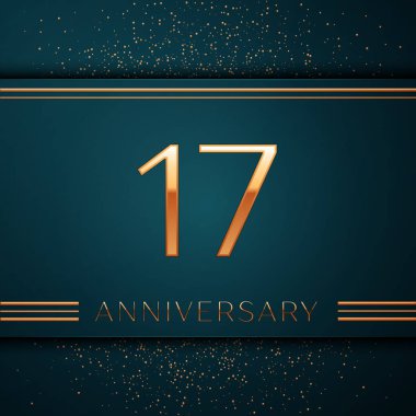 Gerçekçi on yedi yıl yıldönümü kutlamaları tasarım afiş. Altın sayı ve yeşil zemin üzerine konfeti. Doğum günü partin için renkli vektör şablon öğeleri
