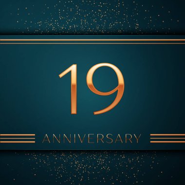 Gerçekçi on dokuz yıl yıldönümü kutlamaları tasarım afiş. Altın sayı ve yeşil zemin üzerine konfeti. Doğum günü partin için renkli vektör şablon öğeleri