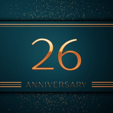 Gerçekçi yirmi altı yıl yıldönümü kutlamaları tasarım afiş. Altın sayı ve yeşil zemin üzerine konfeti. Doğum günü partin için renkli vektör şablon öğeleri