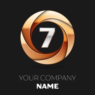 Gerçekçi gümüş yedi numara logo sembol siyah zemin üzerine altın renkli daire şeklinde. Tasarımınız için vektör şablonu