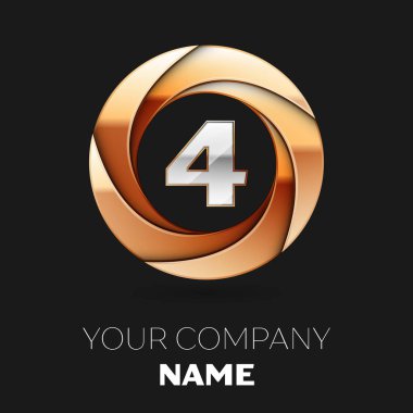 Gerçekçi gümüş dört numara logo sembol siyah zemin üzerine altın renkli daire şeklinde. Tasarımınız için vektör şablonu