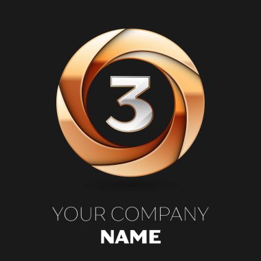 Gerçekçi gümüş üç numara logo sembol siyah zemin üzerine altın renkli daire şeklinde. Tasarımınız için vektör şablonu