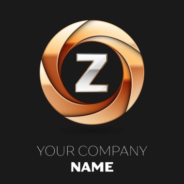 Gerçekçi gümüş harf Z logo sembol siyah zemin üzerine altın renkli daire şeklinde. Tasarımınız için vektör şablonu