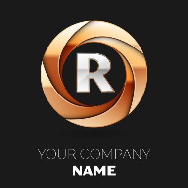 Gerçekçi gümüş harf R logo sembol siyah zemin üzerine altın renkli daire şeklinde. Tasarımınız için vektör şablonu