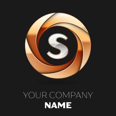 Gerçekçi gümüş harf S logo sembol siyah zemin üzerine altın renkli daire şeklinde. Tasarımınız için vektör şablonu