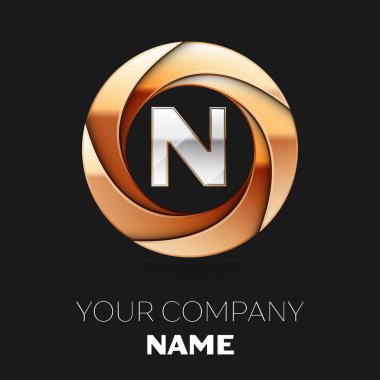 Gerçekçi gümüş harf N logo sembol siyah zemin üzerine altın renkli daire şeklinde. Tasarımınız için vektör şablonu