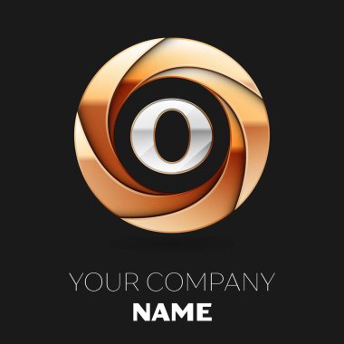 Gerçekçi gümüş harf O logo sembol siyah zemin üzerine altın renkli daire şeklinde. Tasarımınız için vektör şablonu