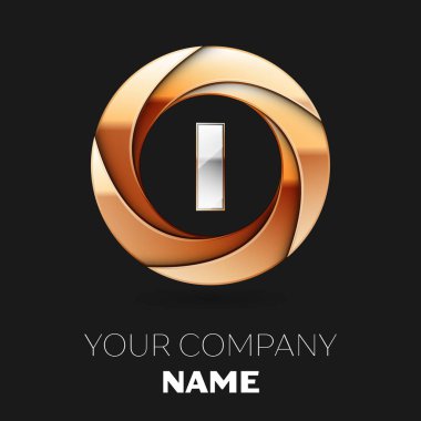 Gerçekçi gümüş harf ı logo sembol siyah zemin üzerine altın renkli daire şeklinde. Tasarımınız için vektör şablonu