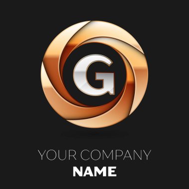 Gerçekçi gümüş harf G logo sembol siyah zemin üzerine altın renkli daire şeklinde. Tasarımınız için vektör şablonu