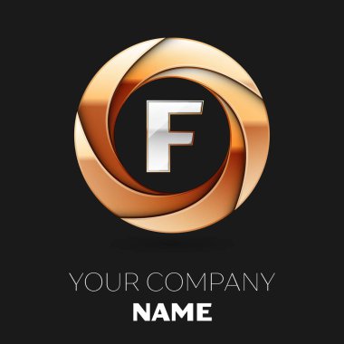 Gerçekçi gümüş harf F logo sembol siyah zemin üzerine altın renkli daire şeklinde. Tasarımınız için vektör şablonu