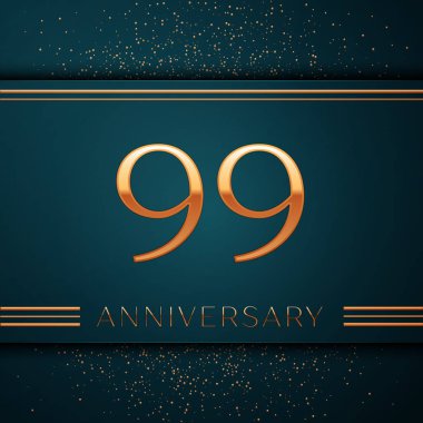 Gerçekçi doksan dokuz yıl yıldönümü kutlamaları tasarım afiş. Altın sayı ve yeşil zemin üzerine konfeti. Doğum günü partin için renkli vektör şablon öğeleri