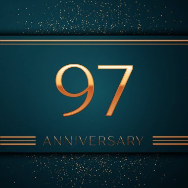 Gerçekçi doksan yedi yıl yıldönümü kutlamaları tasarım afiş. Altın sayı ve yeşil zemin üzerine konfeti. Doğum günü partin için renkli vektör şablon öğeleri
