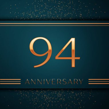 Gerçekçi doksan dört yıl yıldönümü kutlamaları tasarım afiş. Altın sayı ve yeşil zemin üzerine konfeti. Doğum günü partin için renkli vektör şablon öğeleri