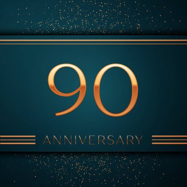 Gerçekçi doksan yıl yıldönümü kutlamaları tasarım afiş. Altın sayı ve yeşil zemin üzerine konfeti. Doğum günü partin için renkli vektör şablon öğeleri