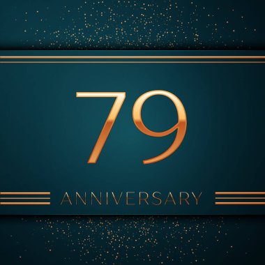 Gerçekçi yetmiş dokuz yıl yıldönümü kutlamaları tasarım afiş. Altın sayı ve yeşil zemin üzerine konfeti. Doğum günü partin için renkli vektör şablon öğeleri