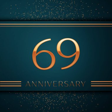Gerçekçi altmış dokuz yıl yıldönümü kutlamaları tasarım afiş. Altın sayı ve yeşil zemin üzerine konfeti. Doğum günü partin için renkli vektör şablon öğeleri