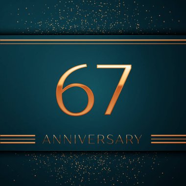 Gerçekçi altmış yedi yıl yıldönümü kutlamaları tasarım afiş. Altın sayı ve yeşil zemin üzerine konfeti. Doğum günü partin için renkli vektör şablon öğeleri