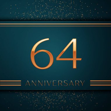Gerçekçi altmış dört yıl yıldönümü kutlamaları tasarım afiş. Altın sayı ve yeşil zemin üzerine konfeti. Doğum günü partin için renkli vektör şablon öğeleri