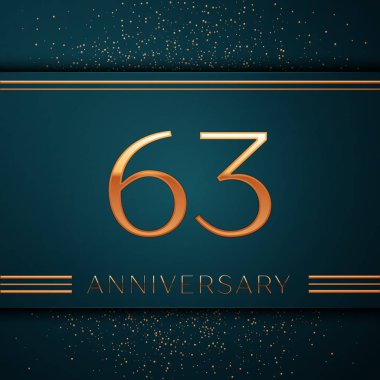 Gerçekçi altmış üç yıl yıldönümü kutlamaları tasarım afiş. Altın sayı ve yeşil zemin üzerine konfeti. Doğum günü partin için renkli vektör şablon öğeleri