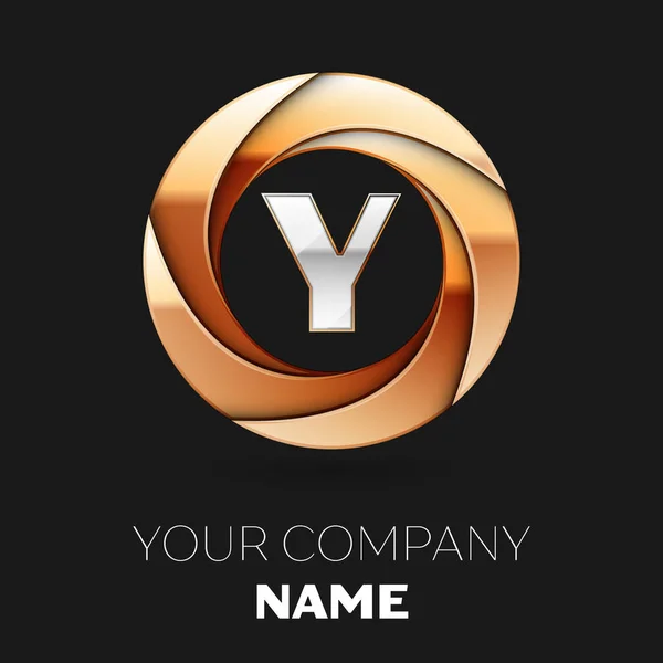 Символ логотипа - серебристая буква Y в форме золотистого круга на черном фоне. Векторный шаблон для Вашего дизайна — стоковый вектор