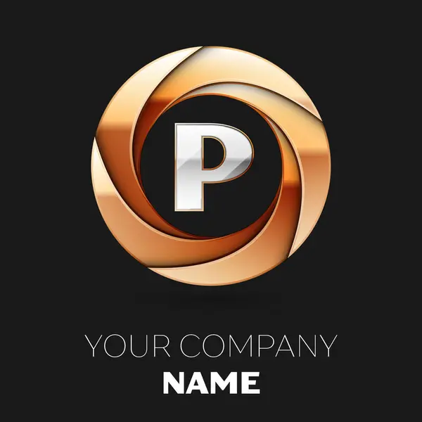 Letra de plata realista P símbolo del logotipo en la forma de círculo de colores dorados sobre fondo negro. Plantilla vectorial para su diseño — Vector de stock