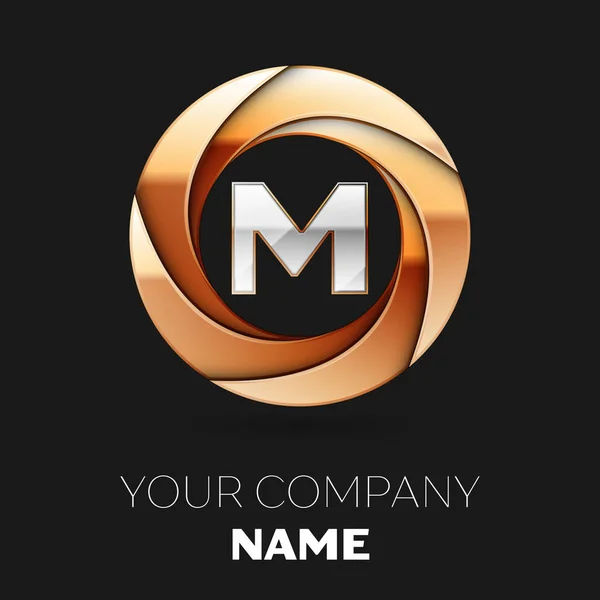 Realistiska Silver bokstaven M logotyp symbol i formen gyllene färgglada cirkeln på svart bakgrund. Vector mall för din design — Stock vektor