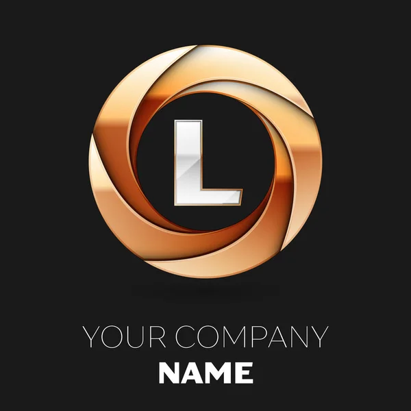 Ρεαλιστική σύμβολο λογότυπο ασημί γράμμα L σε σχήμα χρυσής πολύχρωμο κύκλο σε μαύρο φόντο. Διάνυσμα πρότυπο για το σχεδιασμό σας — Διανυσματικό Αρχείο