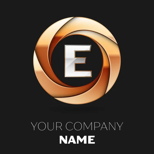 Realistické stříbrné písmeno E logo symbol ve tvaru zlaté Barevný kruh na černém pozadí. Vektor šablona pro návrh — Stockový vektor