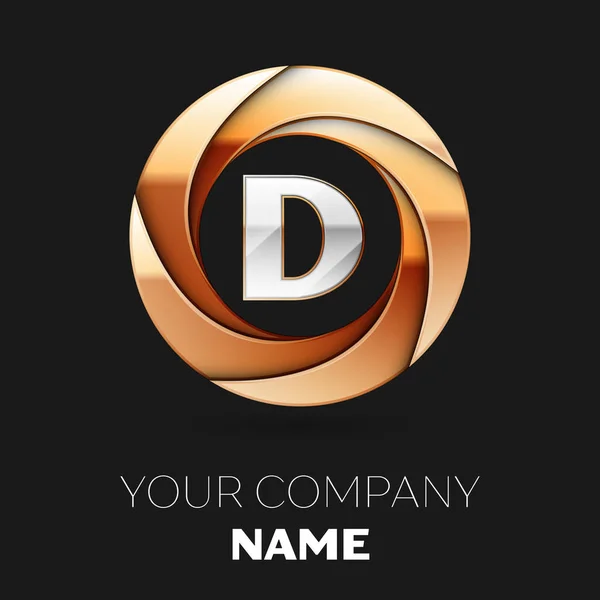 Символ логотипа - серебристая буква D в форме золотистого круга на черном фоне. Векторный шаблон для Вашего дизайна — стоковый вектор