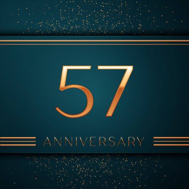 Gerçekçi elli yedi yıl yıldönümü kutlamaları tasarım afiş. Altın sayı ve yeşil zemin üzerine konfeti. Doğum günü partin için renkli vektör şablon öğeleri