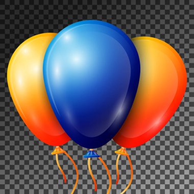 Gerçekçi mavi ve turuncu balonlarla şeffaf arka plan üzerinde izole şeritler. Parlak renkli parlak balonlar Doğum günü partisi için vektör çizim