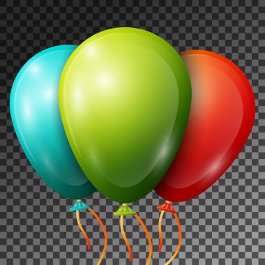 Gerçekçi yeşil, Turkuaz, kırmızı balonlar şeffaf arka plan üzerinde izole şeritler. Parlak renkli parlak balonlar Doğum günü partisi için vektör çizim