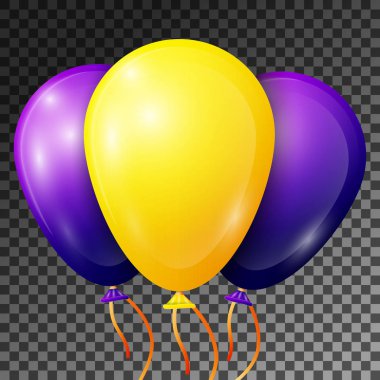Gerçekçi sarı ve mavi-mor balon üzerinde şeffaf arka plan izole şeritler. Parlak renkli parlak balonlar Doğum günü partisi için vektör çizim