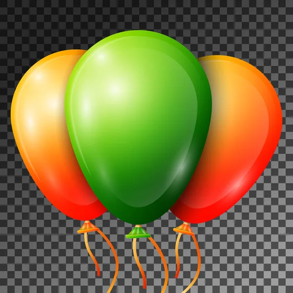 Реалистичные зеленые и оранжевые воздушные шары с лентами изолированы на прозрачном фоне. Векторная иллюстрация блестящих красочных глянцевых воздушных шаров для празднования дня рождения — стоковый вектор