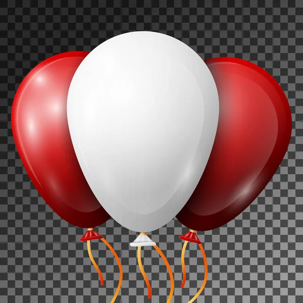 Реалистичные белые и красные воздушные шары с лентами, изолированными на прозрачном фоне. Векторная иллюстрация блестящих красочных глянцевых воздушных шаров для празднования дня рождения — стоковый вектор